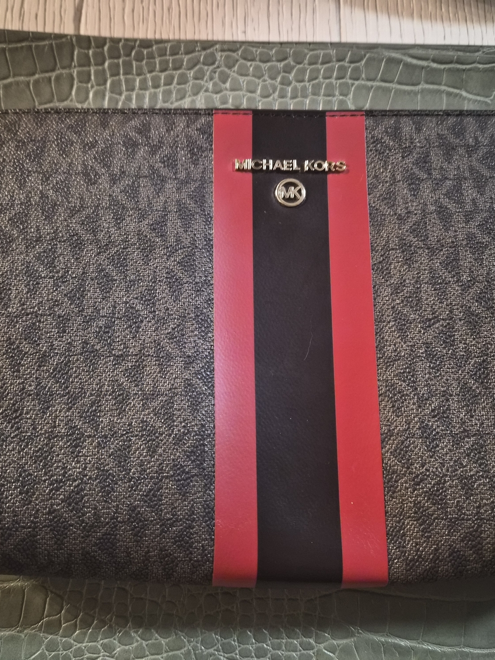 Michael Kors Women’s Brown Signature Tote with Red and Black Stripe